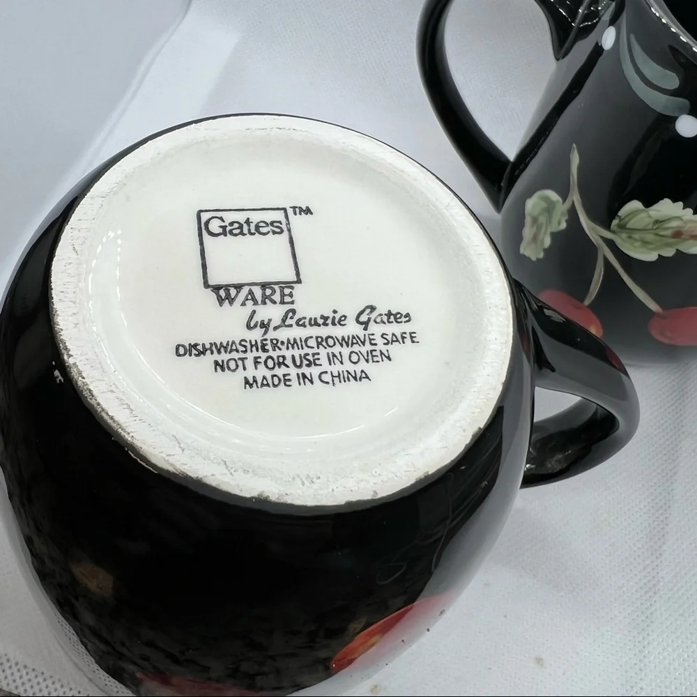 Laurie Gates Black Cherry Blossom Coffee Mugs Cups (set of 2)